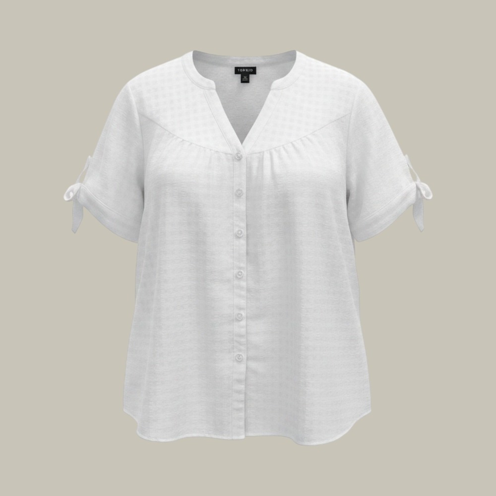 Torrid White Gingham Textured Button Front Tie Sleeve Blouse Top Plus Size 00 M